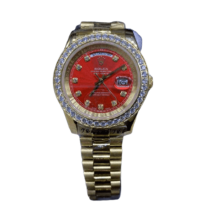 Iced Out Moissanite Rolex DayDate Gold Case 40mm Red Dial President Bracelet